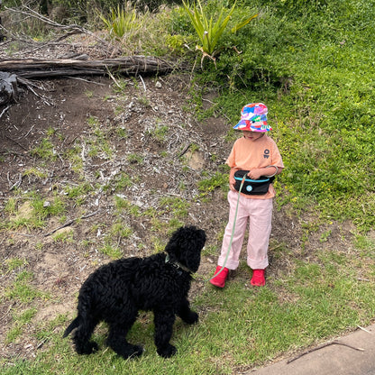 Person in a costume standing on grass with a dog nearby